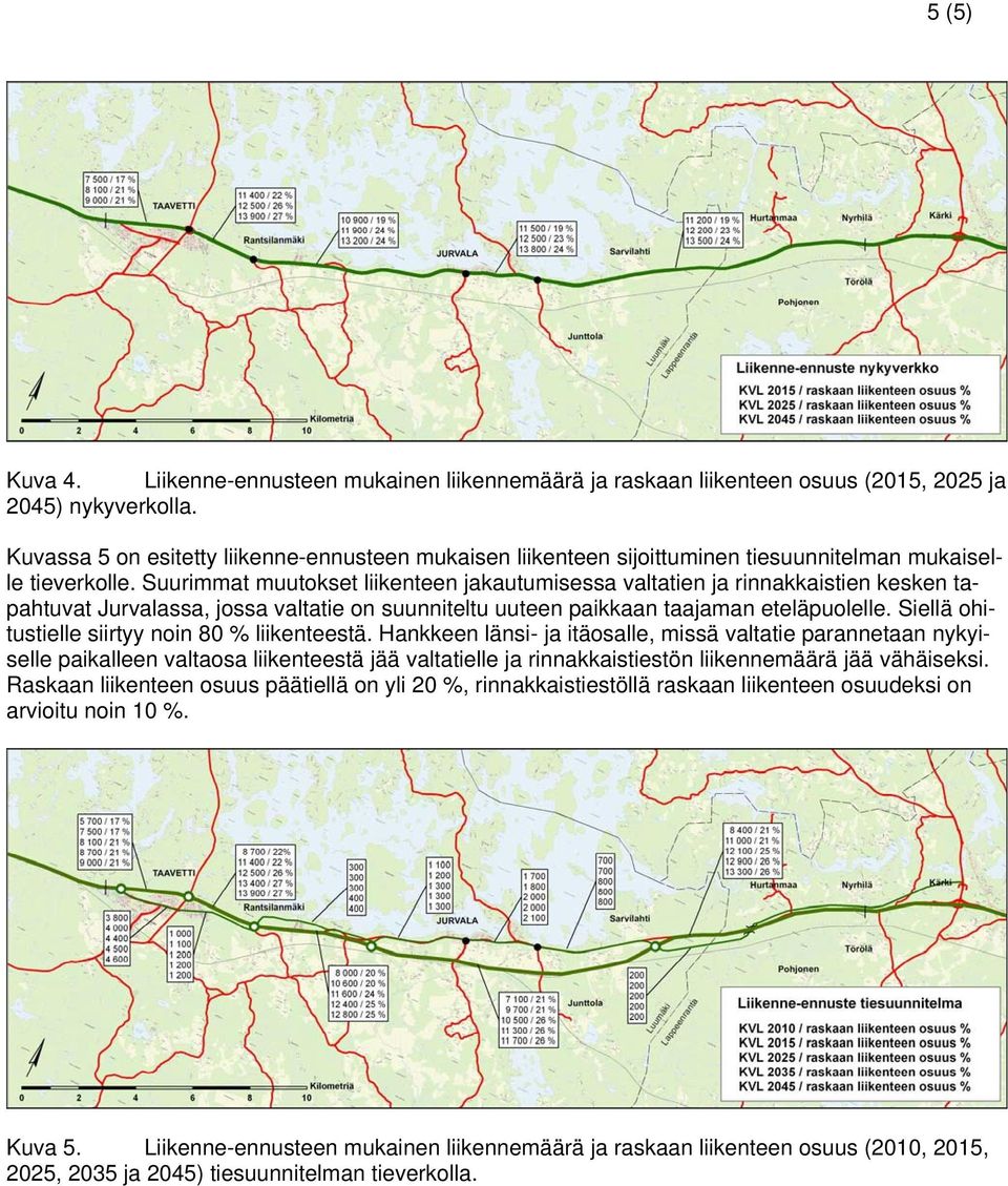 Suurimmat muutokset liikenteen jakautumisessa valtatien ja rinnakkaistien kesken tapahtuvat Jurvalassa, jossa valtatie on suunniteltu uuteen paikkaan taajaman eteläpuolelle.