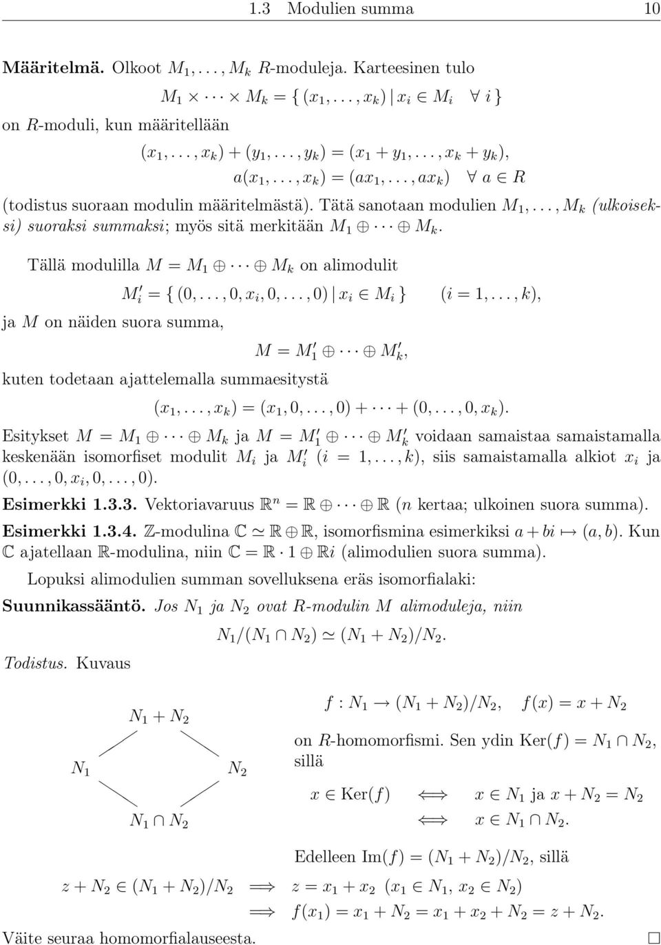 Tällä modulilla M = M 1 M k on alimodulit ja M on näiden suora summa, M i = { (0,..., 0, x i, 0,..., 0) x i M i } kuten todetaan ajattelemalla summaesitystä M = M 1 M k, (i = 1,..., k), (x 1,.