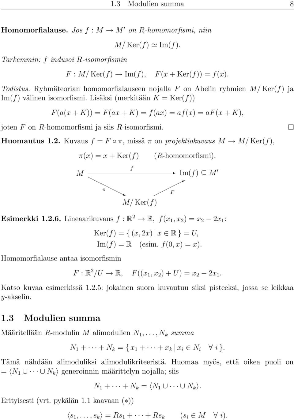 Lisäksi (merkitään K = Ker(f)) F (a(x + K)) = F (ax + K) = f(ax) = af(x) = af (x + K), joten F on R-homomorfismi ja siis R-isomorfismi. Huomautus 1.2.