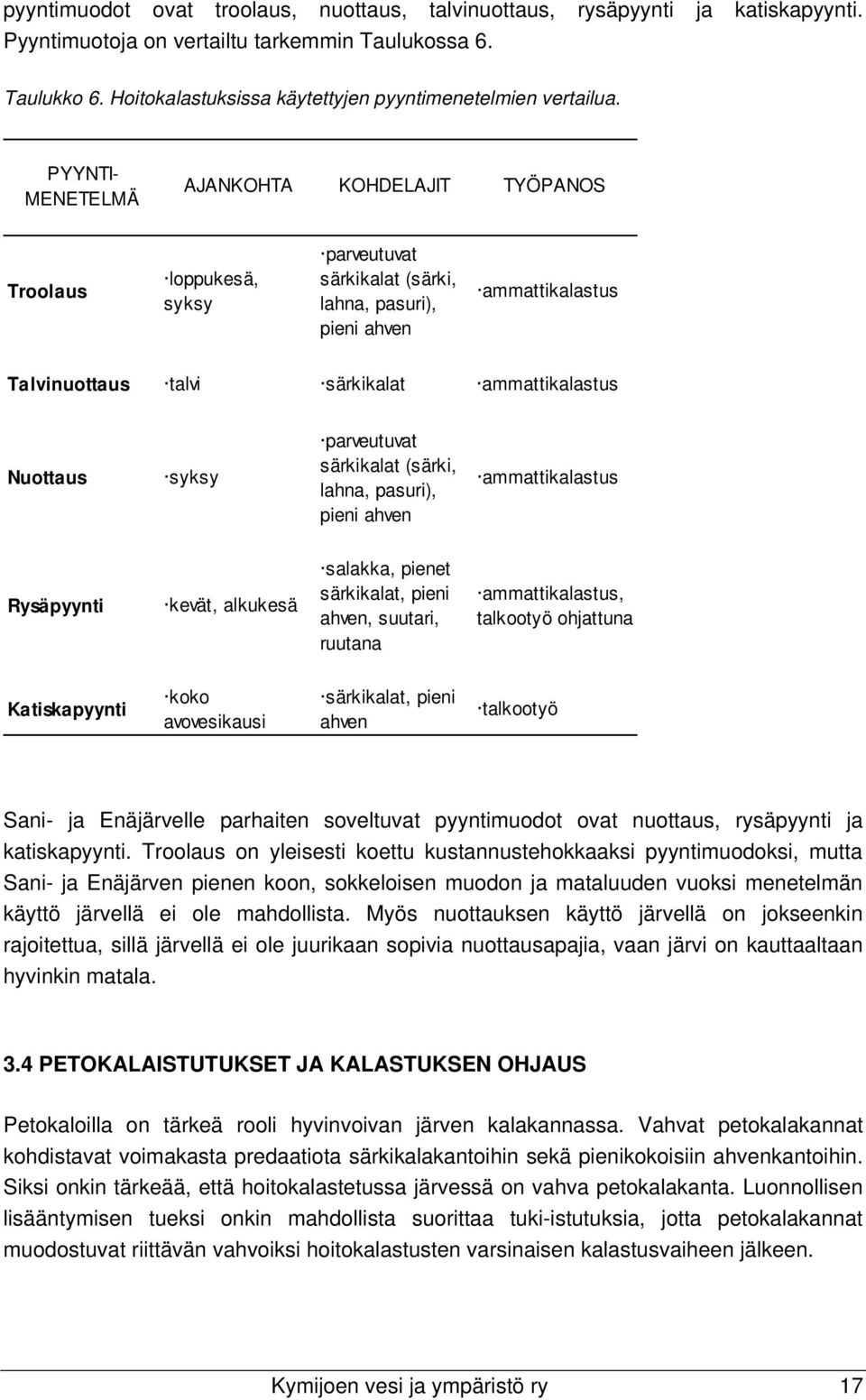 PYYNTI- MENETELMÄ AJANKOHTA KOHDELAJIT TYÖPANOS Troolaus loppukesä, syksy parveutuvat särkikalat (särki, lahna, pasuri), pieni ahven ammattikalastus Talvinuottaus talvi särkikalat ammattikalastus