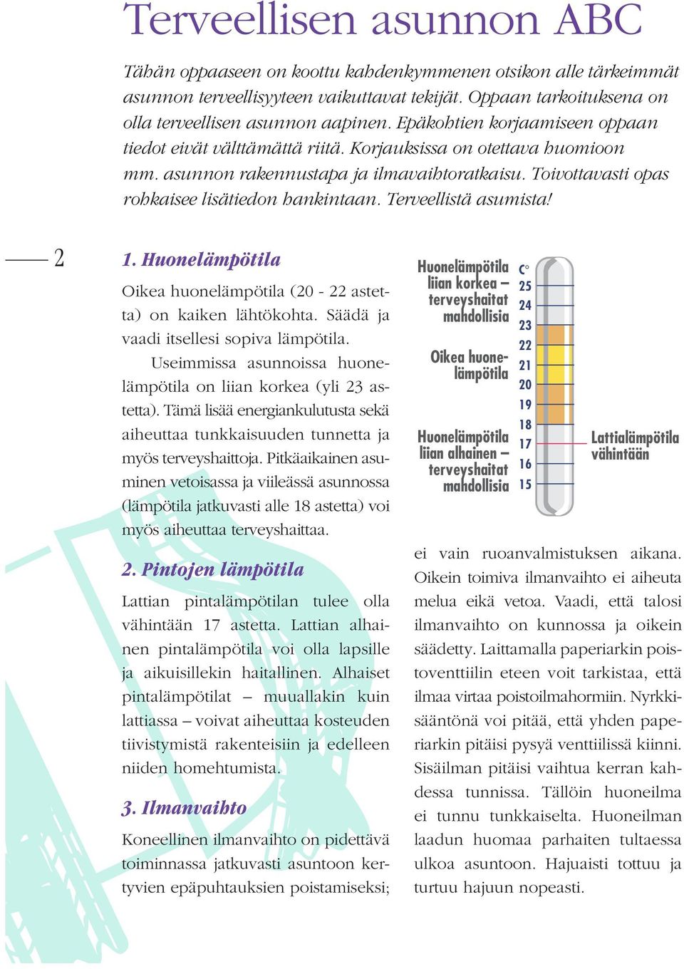 Terveellistä asumista! 2 1. Huonelämpötila Oikea huonelämpötila (20-22 astetta) on kaiken lähtökohta. Säädä ja vaadi itsellesi sopiva lämpötila.