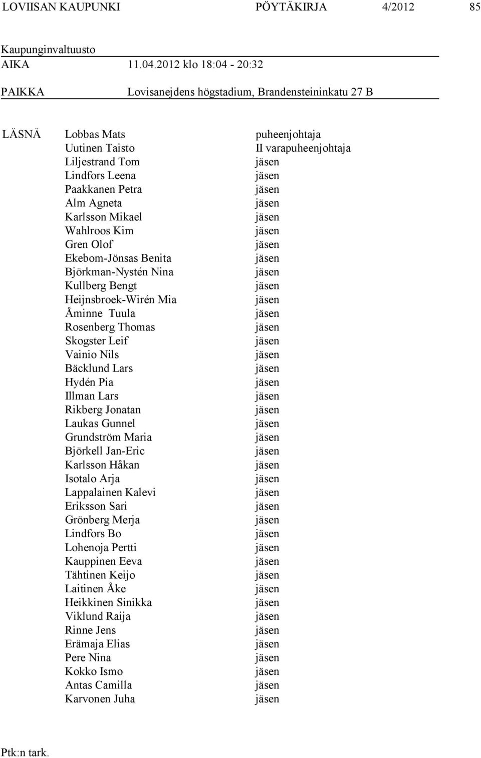 Agneta Karlsson Mikael Wahlroos Kim Gren Olof Ekebom-Jönsas Benita Björkman-Nystén Nina Kullberg Bengt Heijnsbroek-Wirén Mia Åminne Tuula Rosenberg Thomas Skogster Leif Vainio Nils Bäcklund Lars