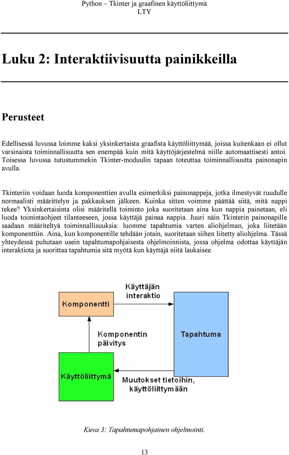 Tkinteriin voidaan luoda komponenttien avulla esimerkiksi painonappeja, jotka ilmestyvät ruudulle normaalisti määrittelyn ja pakkauksen jälkeen. Kuinka sitten voimme päättää siitä, mitä nappi tekee?