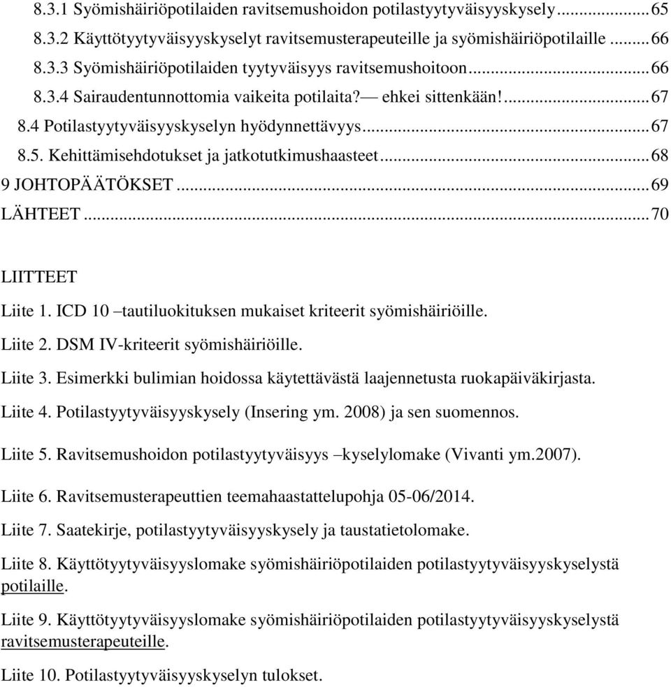 .. 68 9 JOHTOPÄÄTÖKSET... 69 LÄHTEET... 70 LIITTEET Liite 1. ICD 10 tautiluokituksen mukaiset kriteerit syömishäiriöille. Liite 2. DSM IV-kriteerit syömishäiriöille. Liite 3.