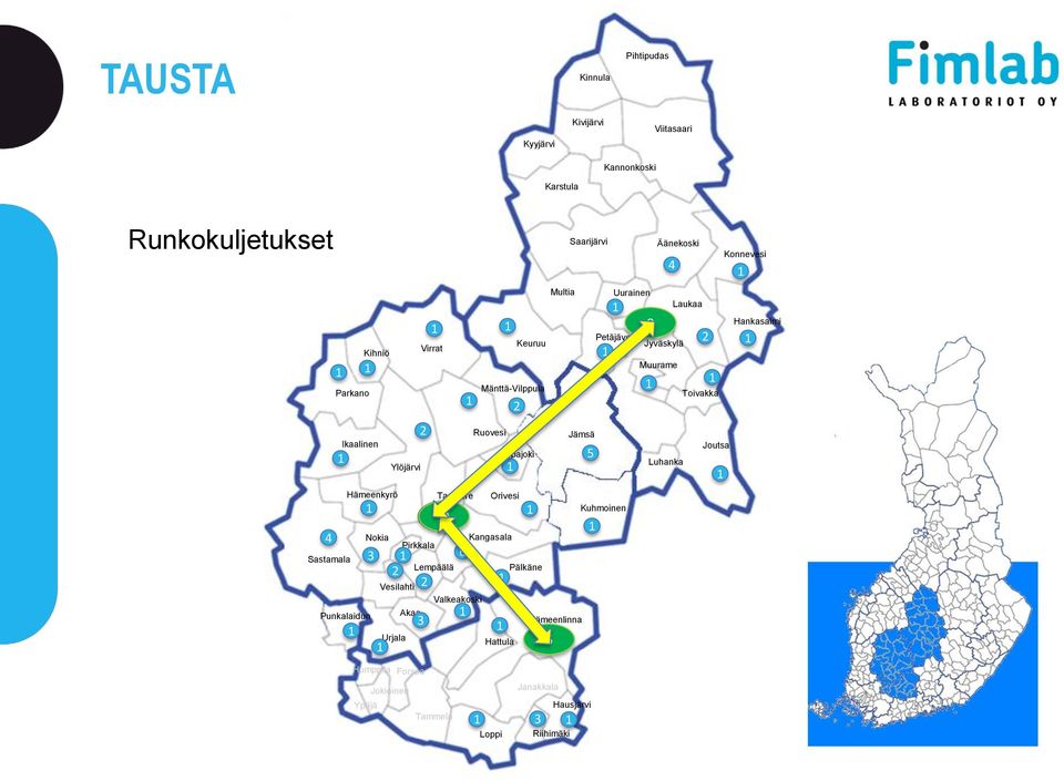 Kuhmoinen Mänttä-Vilppula Ruovesi Keuruu Petäjävesi Saarijärvi Uurainen Multia Karstula Kyyjärvi Kivijärvi Kannonkoski Viitasaari Kinnula