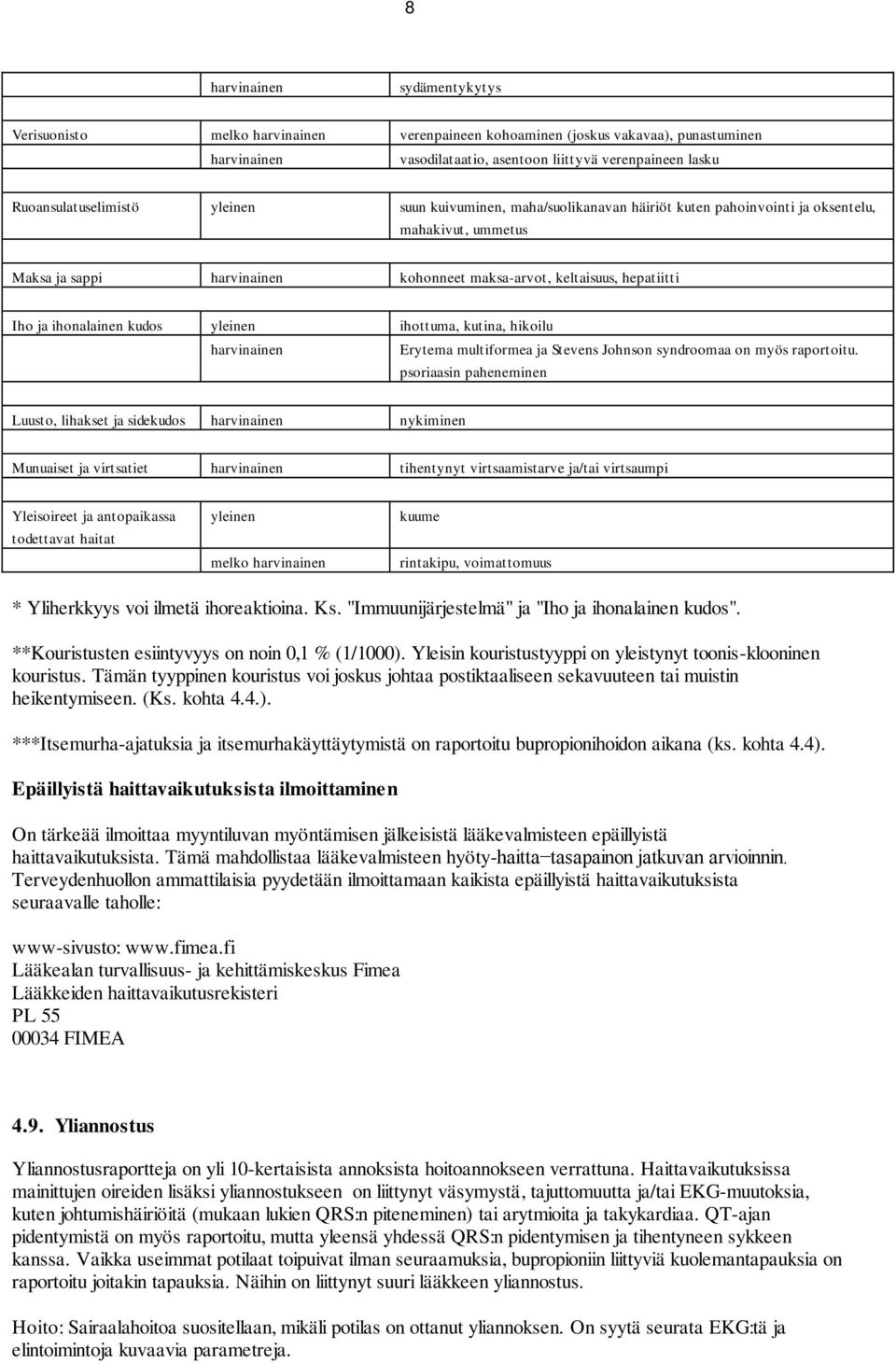 Erytema multiformea ja Stevens Johnson syndroomaa on myös raportoitu.