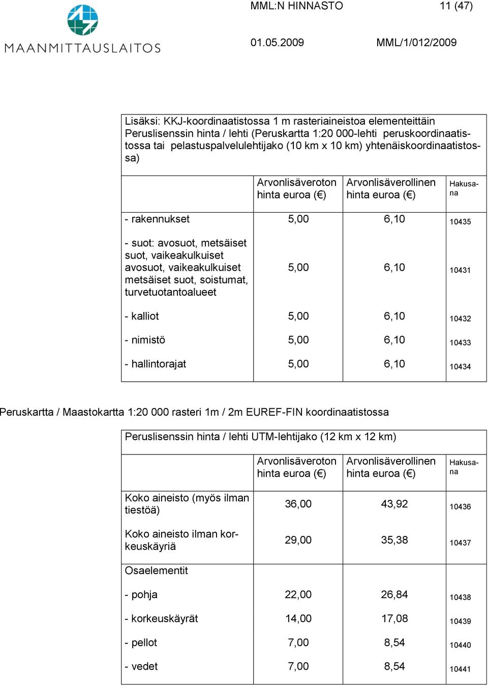 (12 km x 12 km) Lisäksi: KKJ-koordinaatistossa 1 m rasteriaineistoa elementeittäin Peruslisenssin hinta / lehti (Peruskartta 1:20 000-lehti peruskoordinaatistossa tai pelastuspalvelulehtijako (10 km