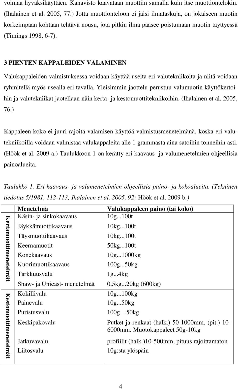 3 PIENTEN KAPPALEIDEN VALAMINEN Valukappaleiden valmistuksessa voidaan käyttää useita eri valutekniikoita ja niitä voidaan ryhmitellä myös usealla eri tavalla.