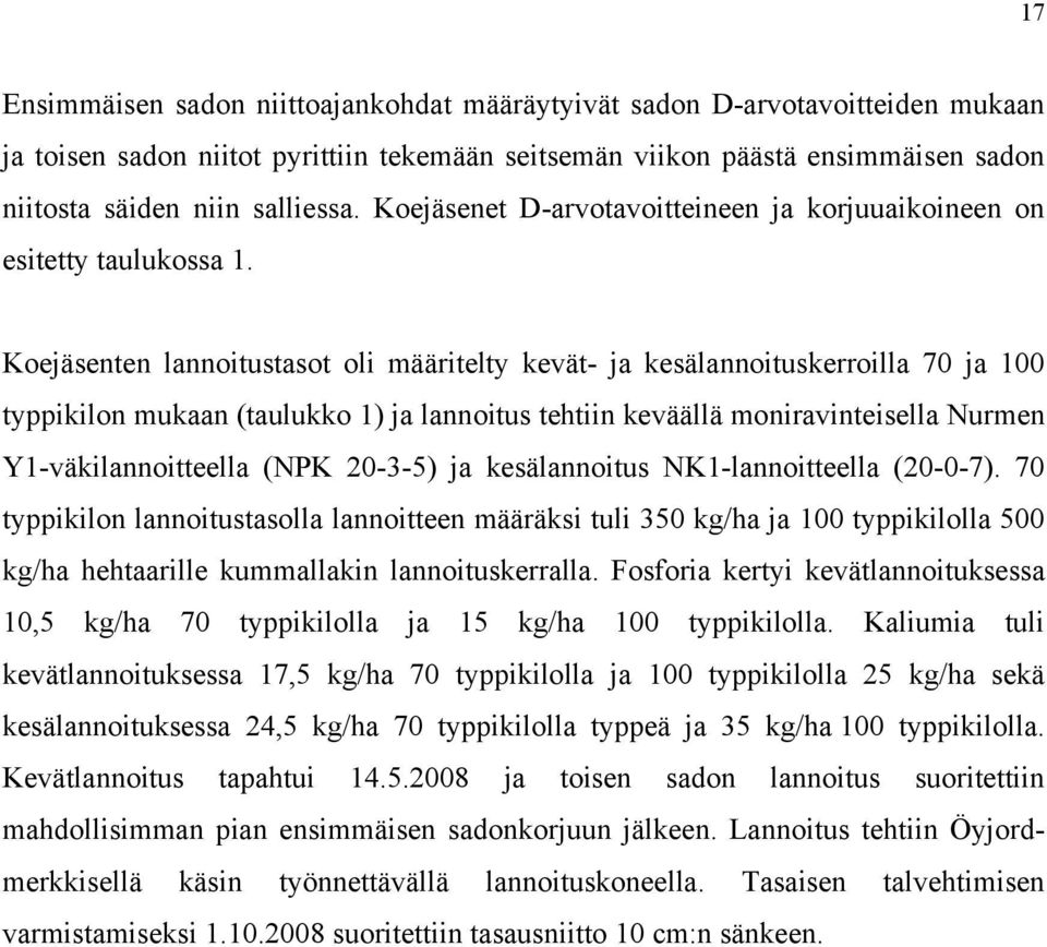 Koejäsenten lannoitustasot oli määritelty kevät- ja kesälannoituskerroilla 70 ja 100 typpikilon mukaan (taulukko 1) ja lannoitus tehtiin keväällä moniravinteisella Nurmen Y1-väkilannoitteella (NPK