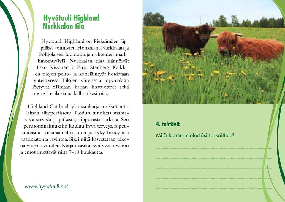 Tilojen yhteisestä myymälästä löytyvät Ylämaan karjan lihatuotteet sekä runsaasti erilaisia paikallisia käsitöitä. Highland Cattle eli ylämaankarja on skotlantilainen alkuperäisrotu.