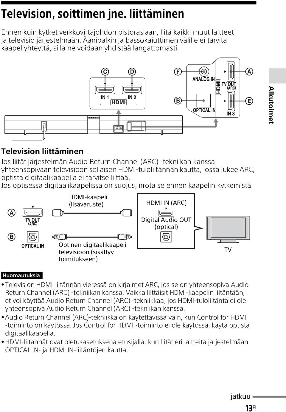 Alkutoimet Television liittäminen Jos liität järjestelmän Audio Return Channel (ARC) -tekniikan kanssa yhteensopivaan televisioon sellaisen HDMI-tuloliitännän kautta, jossa lukee ARC, optista
