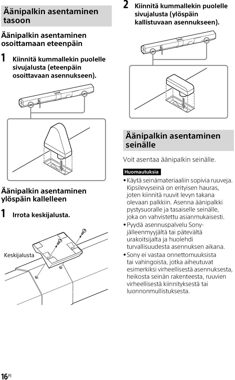 Äänipalkin asentaminen ylöspäin kallelleen 1 Irrota keskijalusta. Keskijalusta Huomautuksia Käytä seinämateriaaliin sopivia ruuveja.