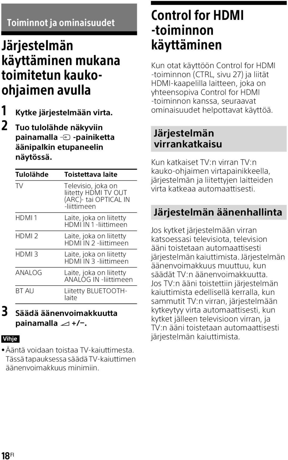 -liittimeen HDMI 3 Laite, joka on liitetty HDMI IN 3 -liittimeen ANALOG Laite, joka on liitetty ANALOG IN -liittimeen BT AU Liitetty BLUETOOTHlaite 3 Säädä äänenvoimakkuutta painamalla +/.