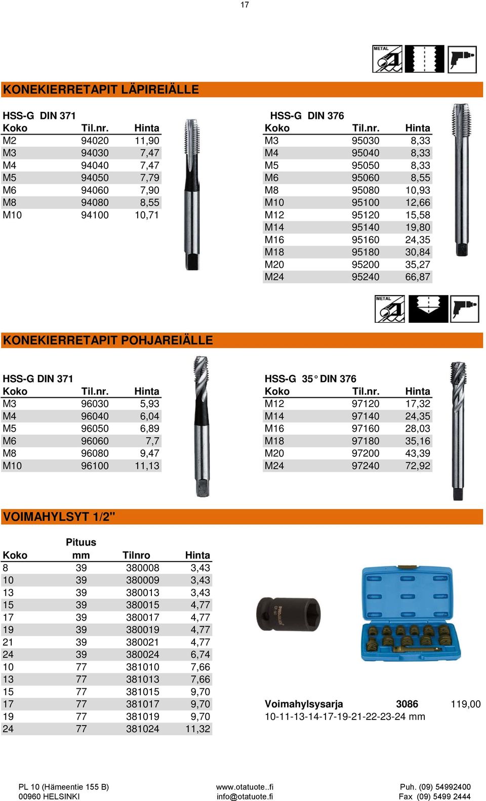 Hinta M2 94020 11,90 M3 95030 8,33 M3 94030 7,47 M4 95040 8,33 M4 94040 7,47 M5 95050 8,33 M5 94050 7,79 M6 95060 8,55 M6 94060 7,90 M8 95080 10,93 M8 94080 8,55 M10 95100 12,66 M10 94100 10,71 M12