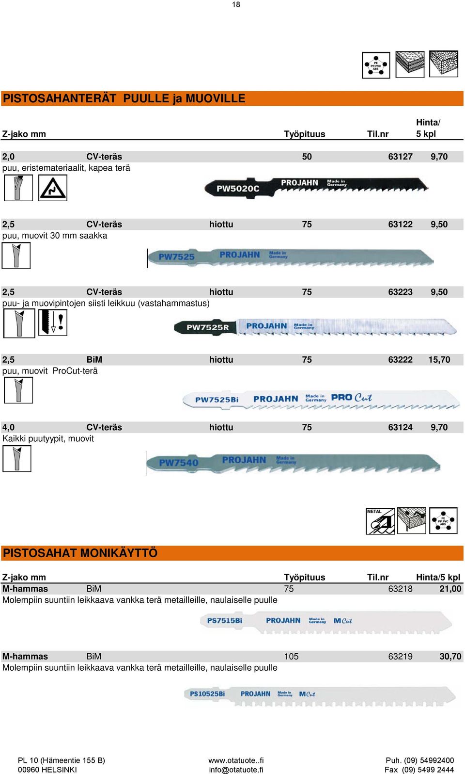 63223 9,50 puu- ja muovipintojen siisti leikkuu (vastahaastus) 2,5 BiM hiottu 75 63222 15,70 puu, muovit ProCut-terä 4,0 CV-teräs hiottu 75 63124 9,70