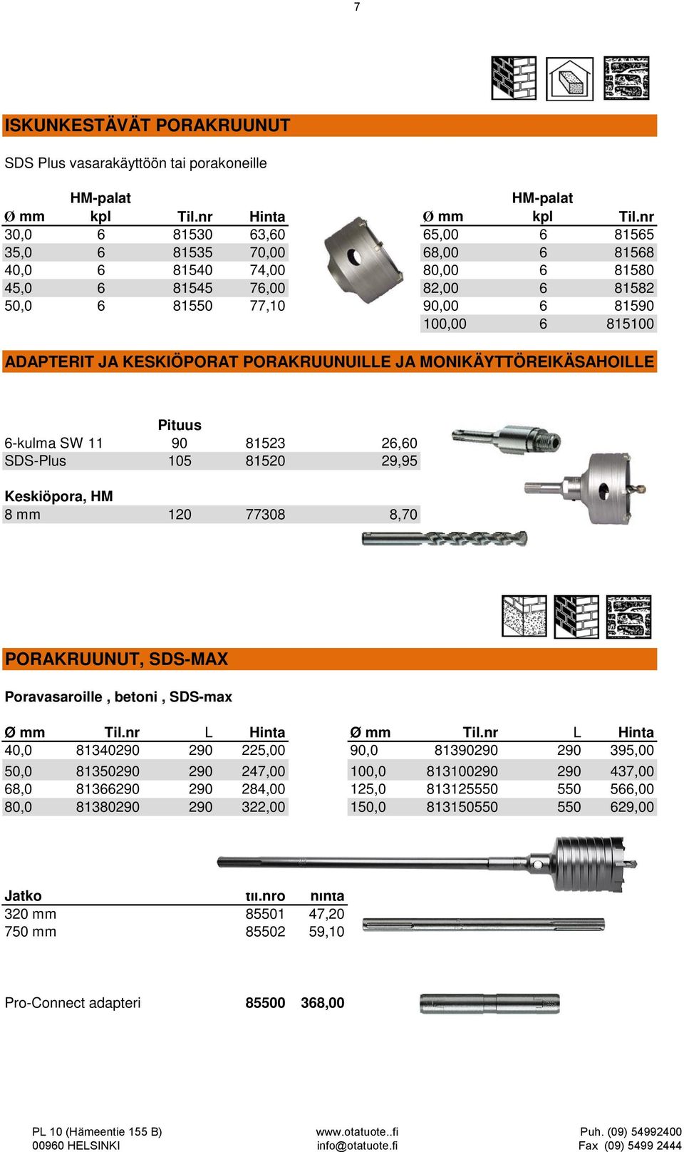 KESKIÖPORAT PORAKRUUNUILLE JA MONIKÄYTTÖREIKÄSAHOILLE Pituus 6-kulma SW 11 90 81523 26,60 SDS-Plus 105 81520 29,95 Keskiöpora, HM 8 120 77308 8,70 PORAKRUUNUT, SDS-MAX Poravasaroille, betoni, SDS-max