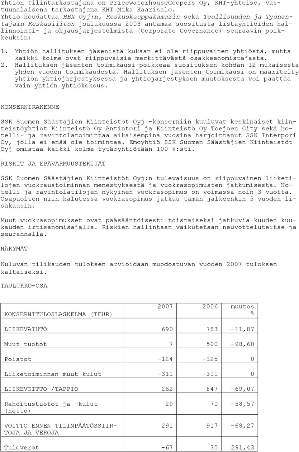 Governance) seuraavin poikkeuksin: 1. Yhtiön hallituksen jäsenistä kukaan ei ole riippuvainen yhtiöstä, mutta kaikki kolme ovat riippuvaisia merkittävästä osakkeenomistajasta. 2.