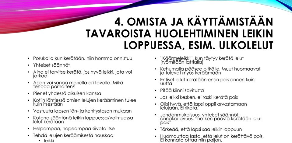 Pienet yhdessä aikuisen kanssa Kotiin lähtiessä omien lelujen kerääminen tulee kuin itsestään Vastuuta lapsen iän- ja kehitystason mukaan Kotona sääntönä leikin loppuessa/vaihtuessa lelut kerätään