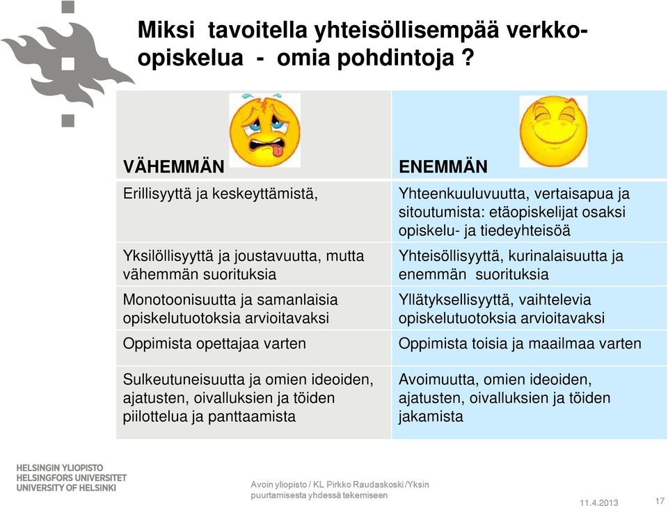 opettajaa varten Sulkeutuneisuutta ja omien ideoiden, ajatusten, oivalluksien ja töiden piilottelua ja panttaamista ENEMMÄN Yhteenkuuluvuutta, vertaisapua ja sitoutumista: