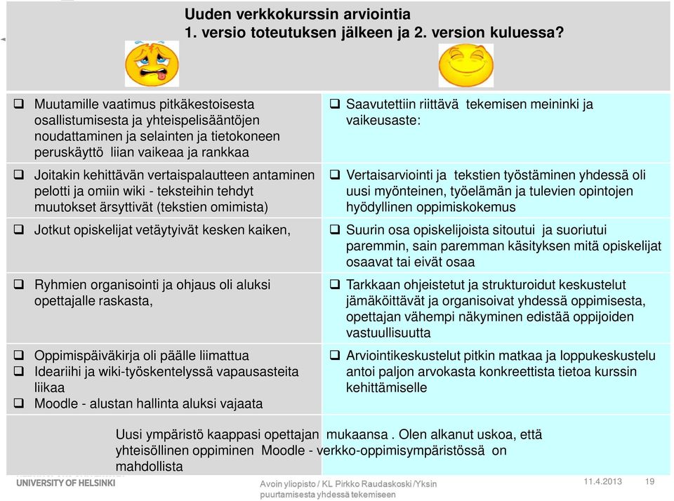 antaminen pelotti ja omiin wiki - teksteihin tehdyt muutokset ärsyttivät (tekstien omimista) Jotkut opiskelijat vetäytyivät kesken kaiken, Ryhmien organisointi ja ohjaus oli aluksi opettajalle