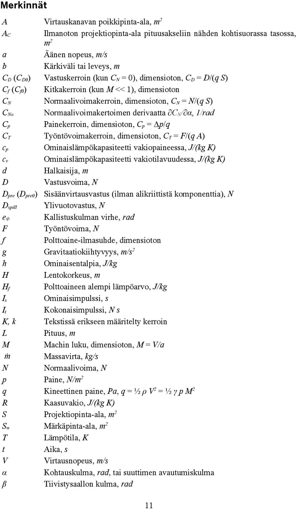 dimensioton, Cp Δp/q CT Työntövoimakerroin, dimensioton, CT F/(q A) cp Ominaislämpökapasiteetti vakiopaineessa, J/(kg K) cv Ominaislämpökapasiteetti vakiotilavuudessa, J/(kg K) d Halkaisija, m D