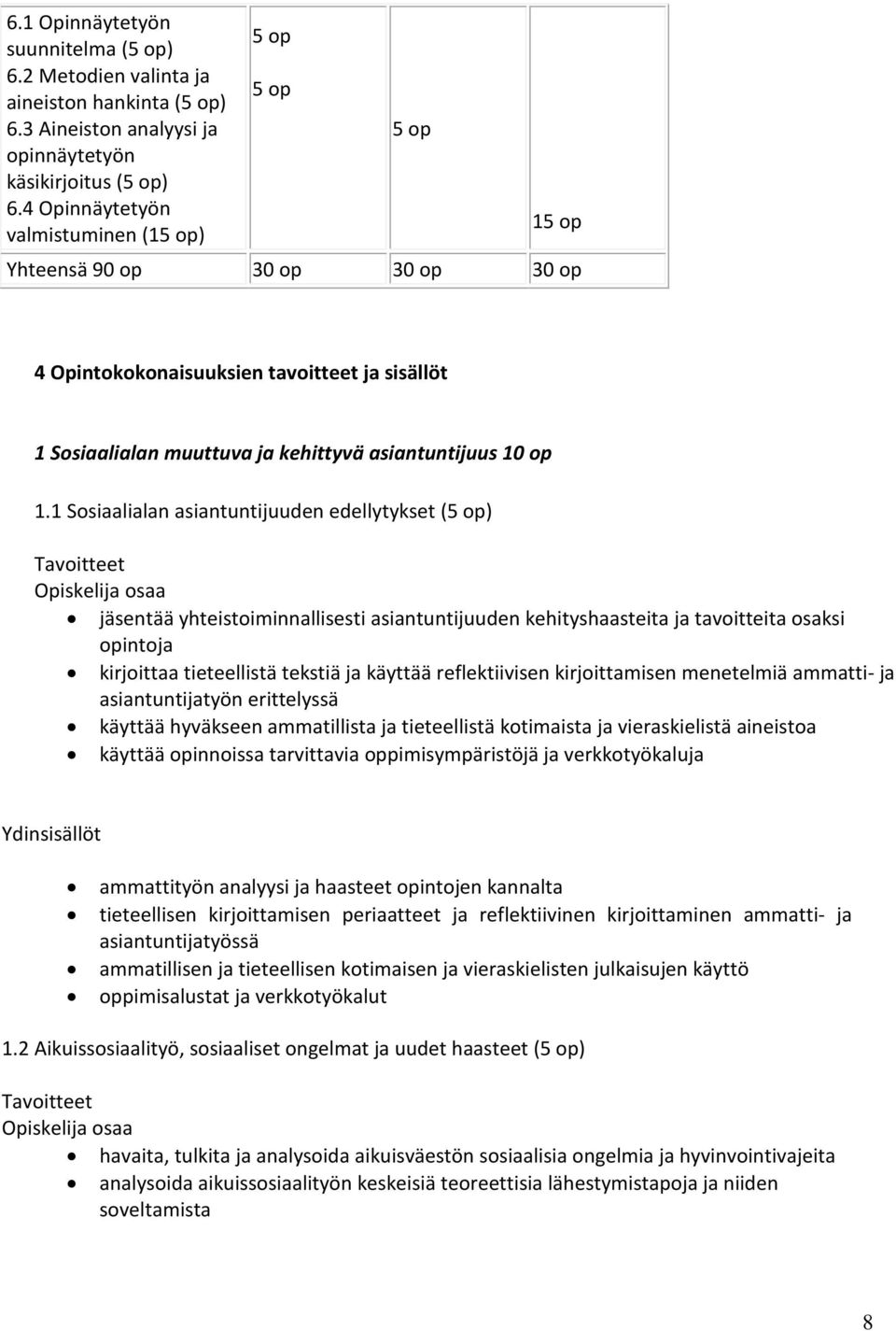 1 Sosiaalialan asiantuntijuuden edellytykset (5 op) Opiskelija osaa jäsentää yhteistoiminnallisesti asiantuntijuuden kehityshaasteita ja tavoitteita osaksi opintoja kirjoittaa tieteellistä tekstiä ja