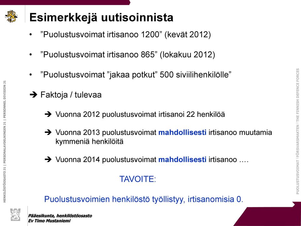 irtisanoi 22 henkilöä Vuonna 2013 puolustusvoimat mahdollisesti irtisanoo muutamia kymmeniä henkilöitä