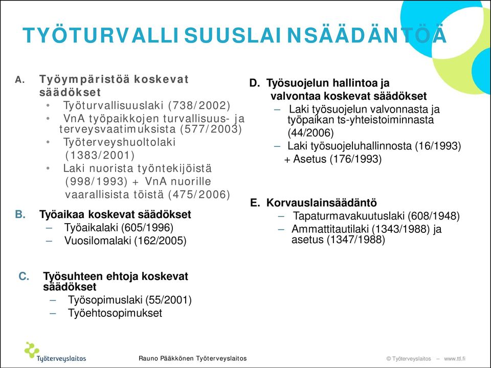 työntekijöistä (998/1993) + VnA nuorille vaarallisista töistä (475/2006) B. Työaikaa koskevat säädökset Työaikalaki (605/1996) Vuosilomalaki (162/2005) D.