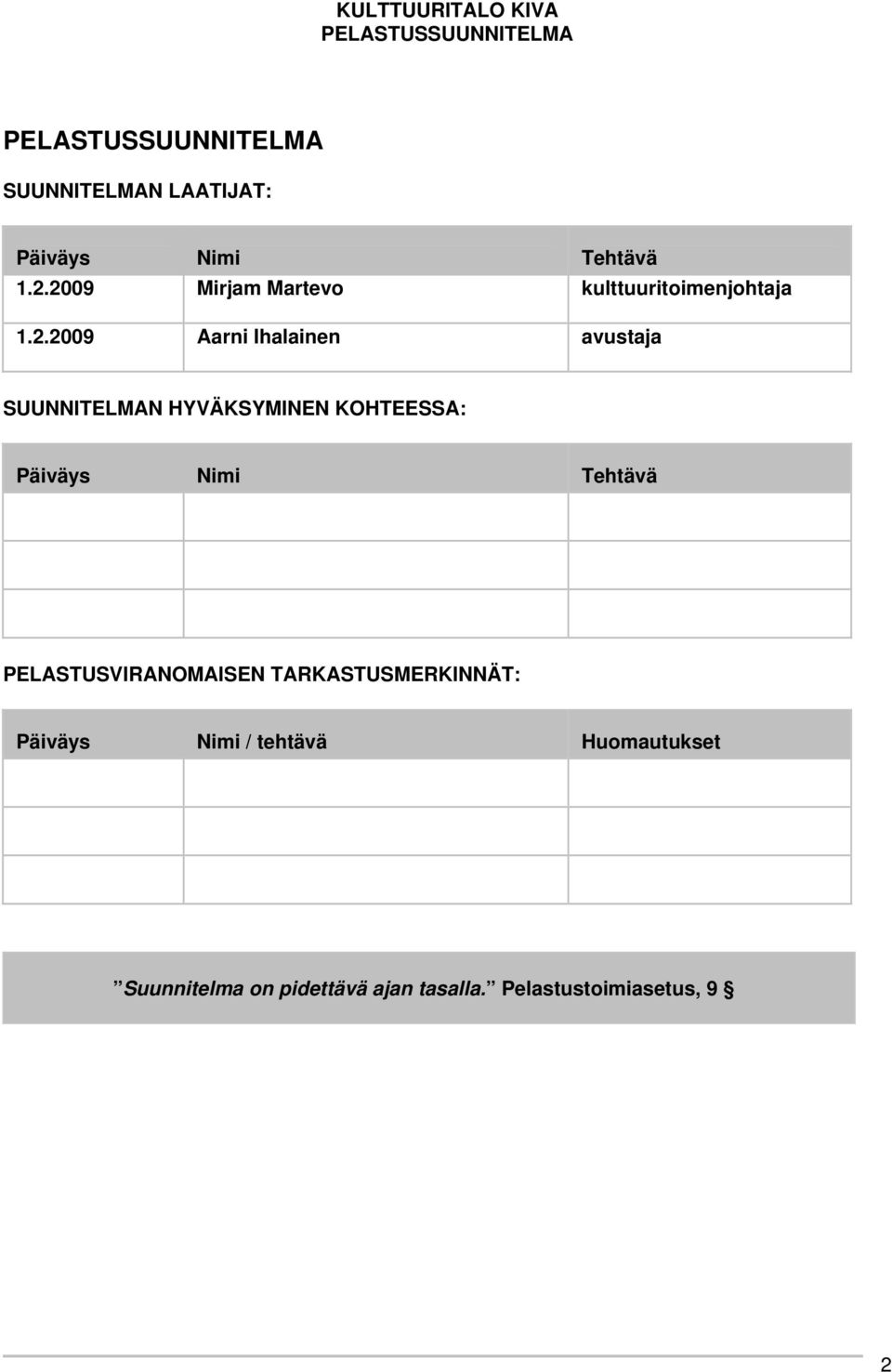 SUUNNITELMAN HYVÄKSYMINEN KOHTEESSA: Päiväys Nimi Tehtävä PELASTUSVIRANOMAISEN