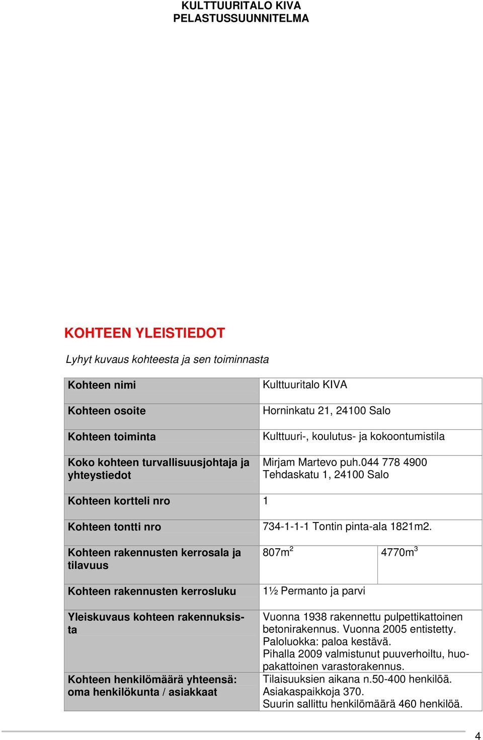 Kohteen rakennusten kerrosala ja tilavuus Kohteen rakennusten kerrosluku Yleiskuvaus kohteen rakennuksista Kohteen henkilömäärä yhteensä: oma henkilökunta / asiakkaat 807m 2 4770m 3 1½ Permanto ja