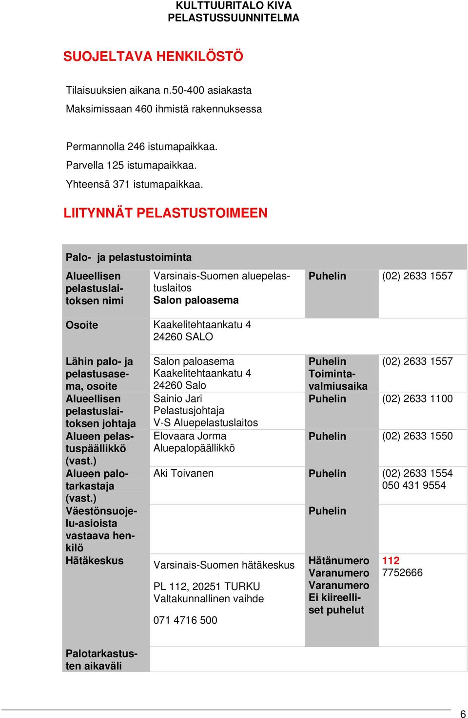 SALO Lähin palo- ja pelastusasema, osoite Alueellisen pelastuslaitoksen johtaja Alueen pelastuspäällikkö (vast.) Alueen palotarkastaja (vast.