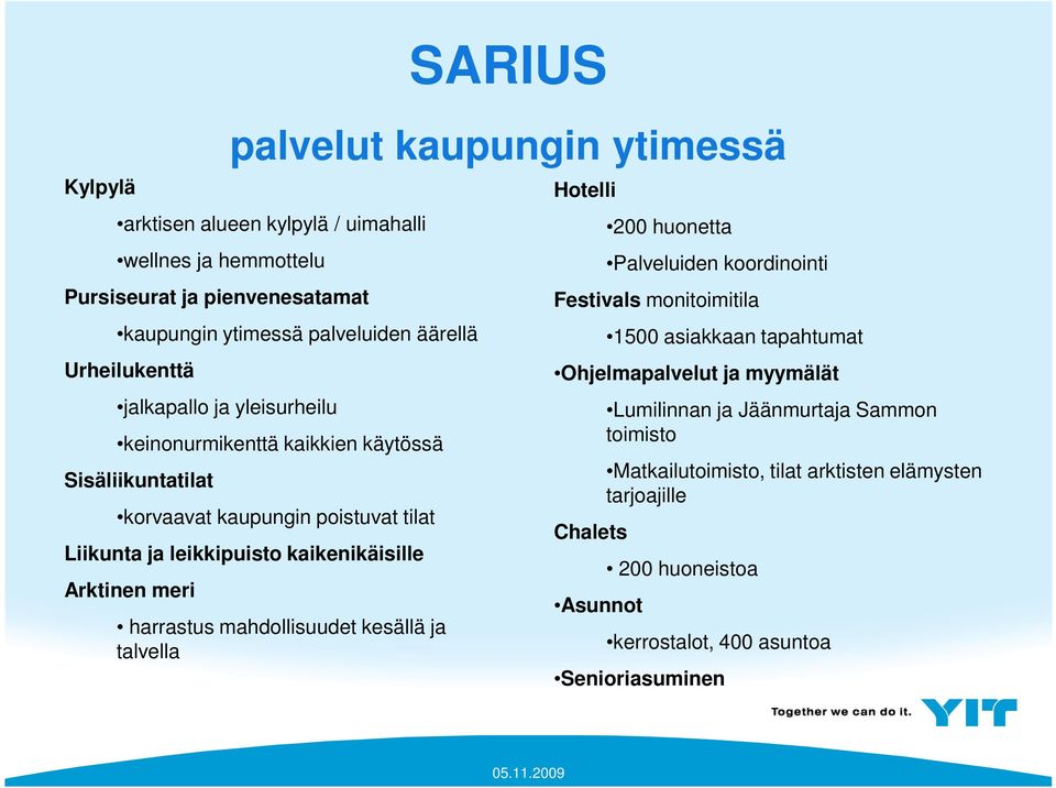 kaikenikäisille Arktinen meri harrastus mahdollisuudet kesällä ja talvella Hotelli 200 huonetta Palveluiden koordinointi Festivals monitoimitila 1500 asiakkaan tapahtumat