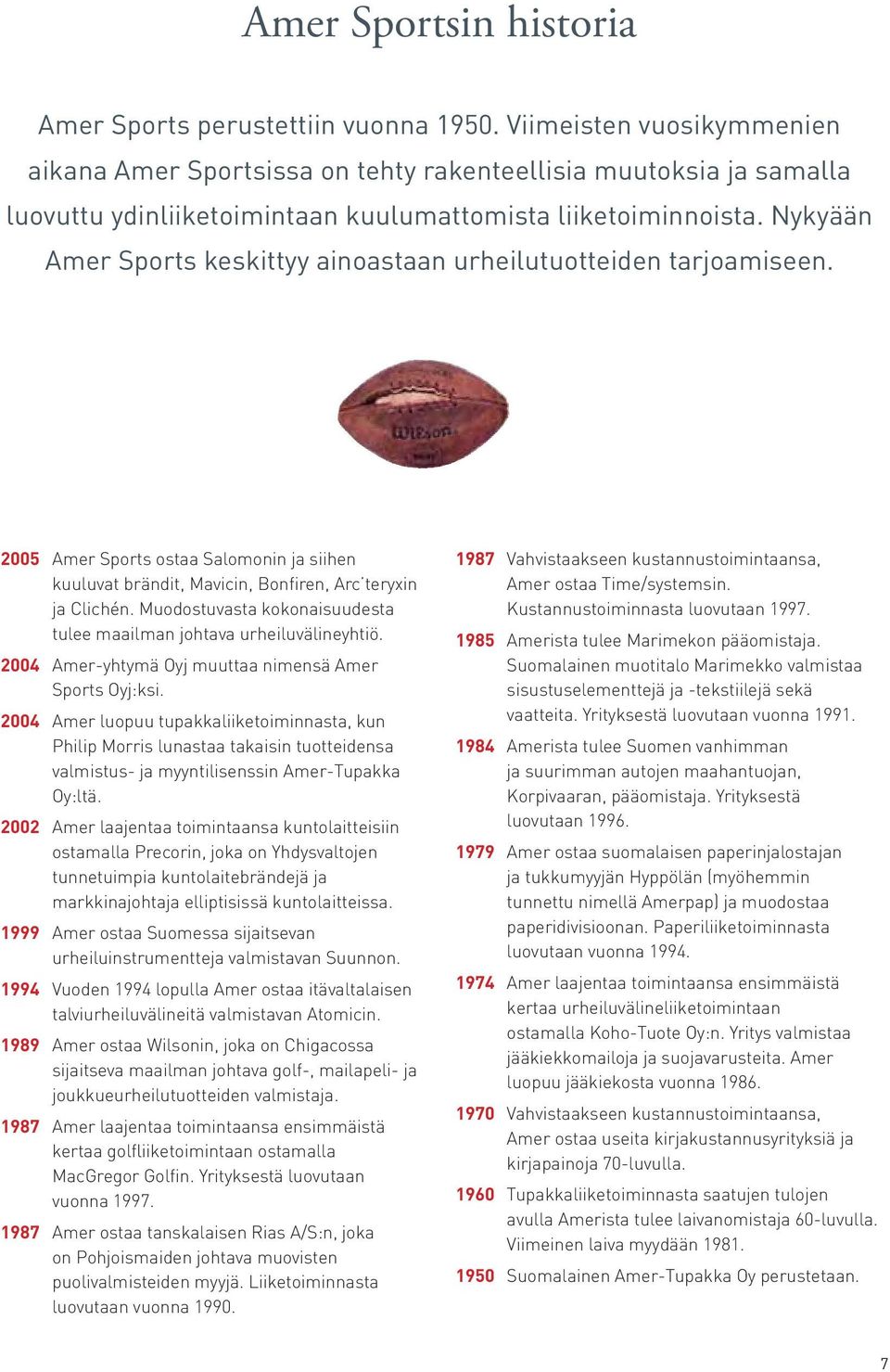 Nykyään Amer Sports keskittyy ainoastaan urheilutuotteiden tarjoamiseen. 2005 Amer Sports ostaa Salomonin ja siihen kuuluvat brändit, Mavicin, Bonfiren, Arc teryxin ja Clichén.