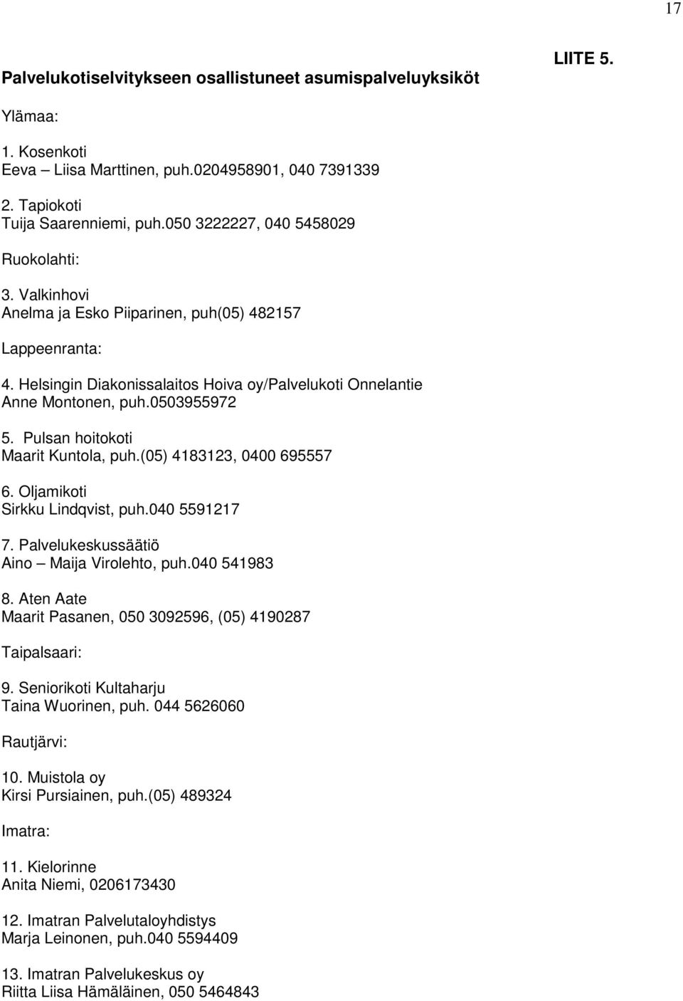 0503955972 5. Pulsan hoitokoti Maarit Kuntola, puh.(05) 4183123, 0400 695557 6. Oljamikoti Sirkku Lindqvist, puh.040 5591217 7. Palvelukeskussäätiö Aino Maija Virolehto, puh.040 541983 8.