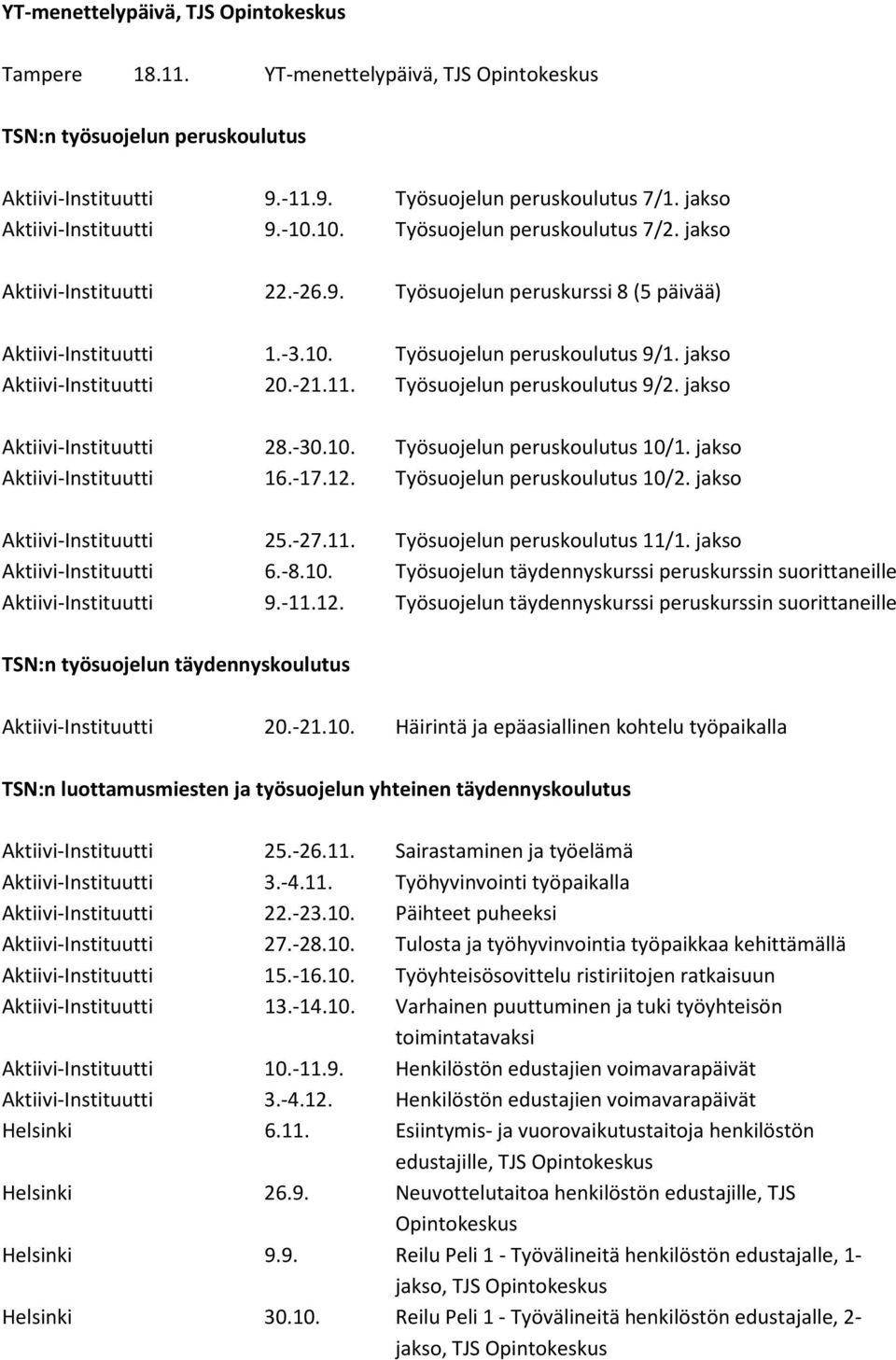 jakso 16.-17.12. Työsuojelun peruskoulutus 10/2. jakso 25.-27.11. Työsuojelun peruskoulutus 11/1. jakso 6.-8.10. Työsuojelun täydennyskurssi peruskurssin suorittaneille 9.-11.12. Työsuojelun täydennyskurssi peruskurssin suorittaneille TSN:n työsuojelun täydennyskoulutus 20.