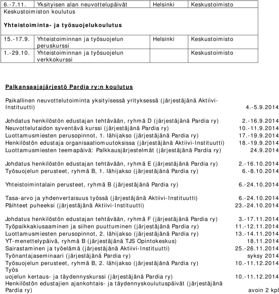 Aktiivi- Instituutti) 4.-5.9.2014 Johdatus henkilöstön edustajan tehtävään, ryhmä D (järjestäjänä Pardia ry) 2.-16.9.2014 Neuvottelutaidon syventävä kurssi (järjestäjänä Pardia ry) 10.-11.9.2014 Luottamusmiesten perusopinnot, 1.