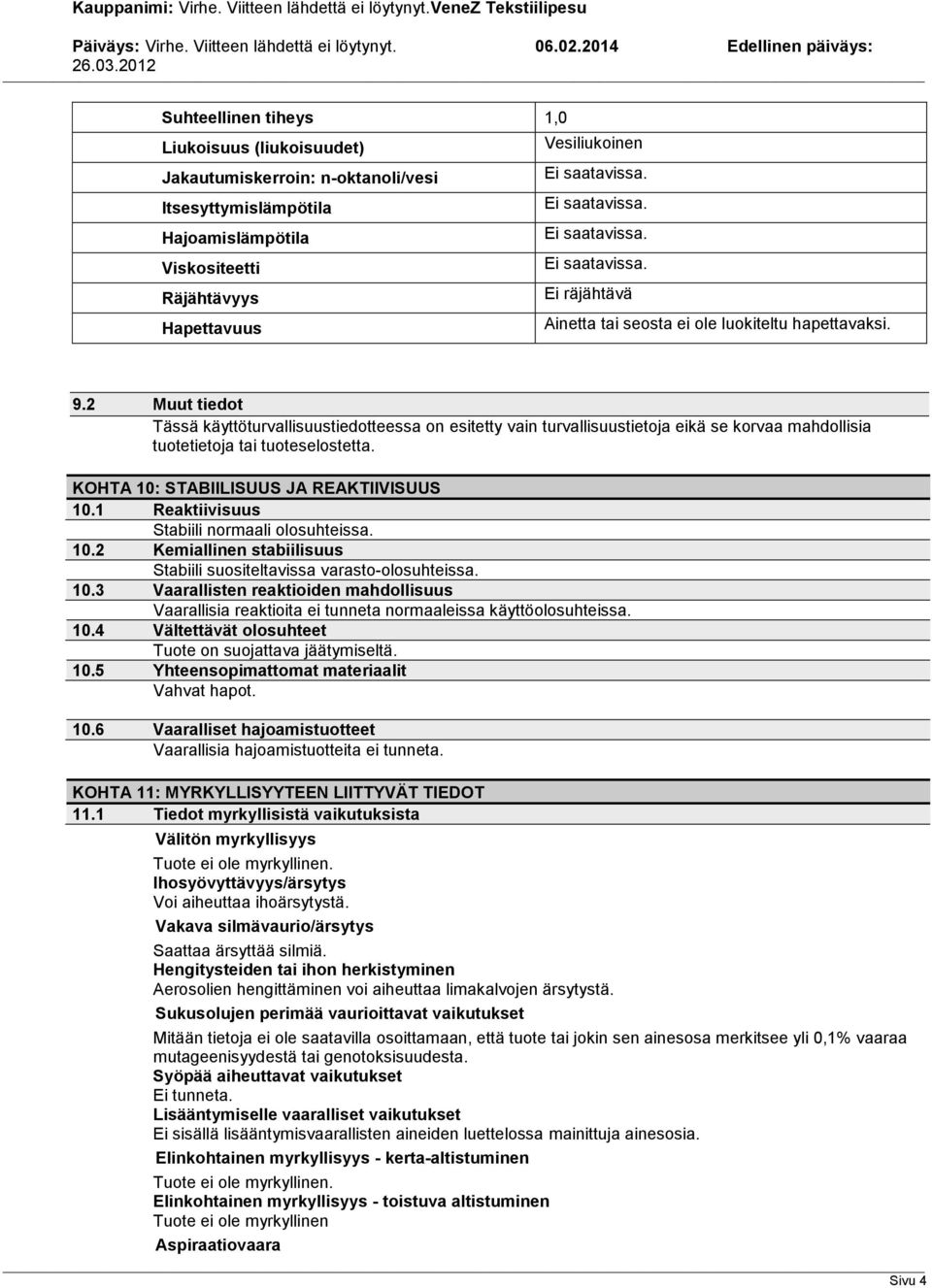 KOHTA 10: STABIILISUUS JA REAKTIIVISUUS 10.1 Reaktiivisuus Stabiili normaali olosuhteissa. 10.2 Kemiallinen stabiilisuus Stabiili suositeltavissa varasto-olosuhteissa. 10.3 Vaarallisten reaktioiden mahdollisuus Vaarallisia reaktioita ei tunneta normaaleissa käyttöolosuhteissa.
