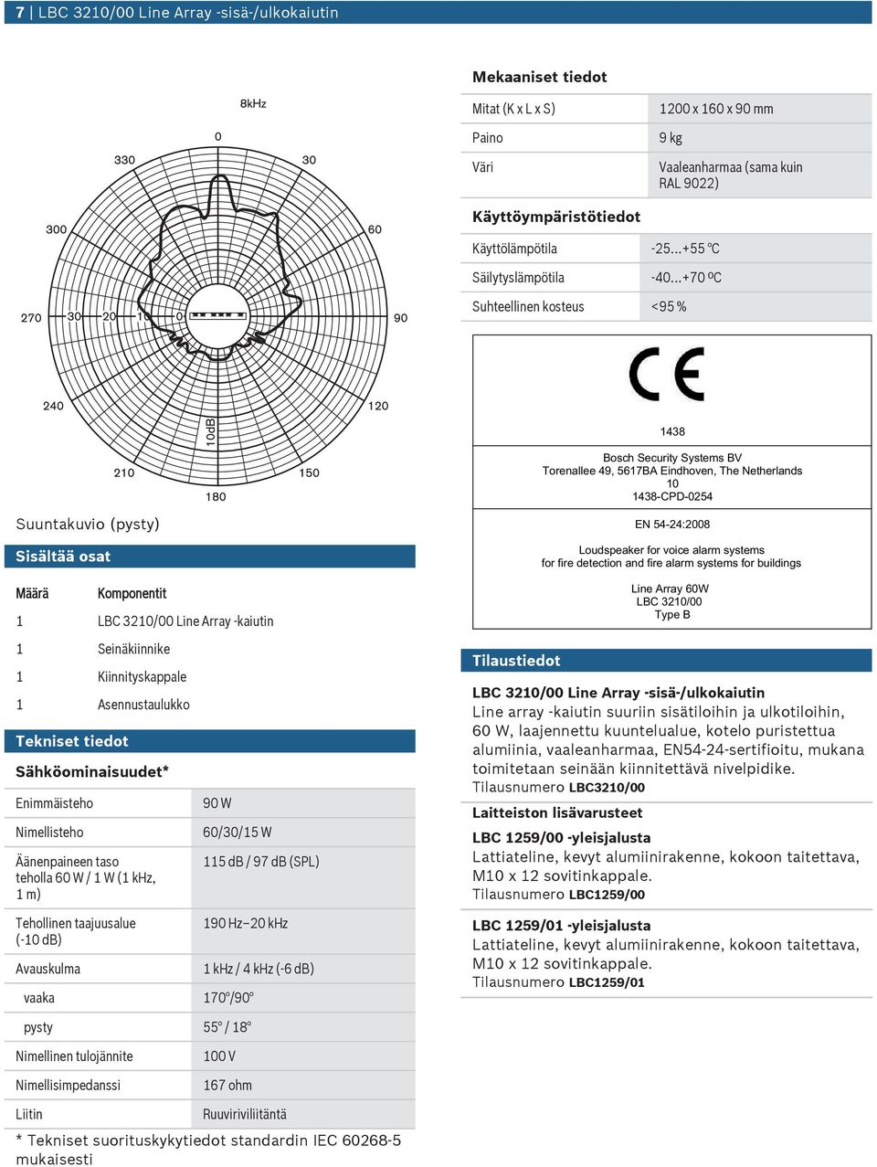 ..+70 ºC Shteellinen kostes <95 % 1438 Bosch Secrity Systems BV Torenallee 49, 5617BA Eindhoven, The Netherlands 10 1438-CPD-0254 Sisältää osat Määrä Komponentit 1 LBC 3210/00 Line Array -kaitin 1