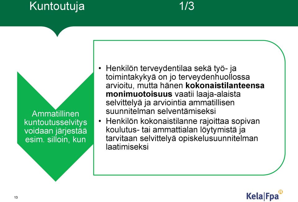 kokonaistilanteensa monimuotoisuus vaatii laaja-alaista selvittelyä ja arviointia ammatillisen suunnitelman