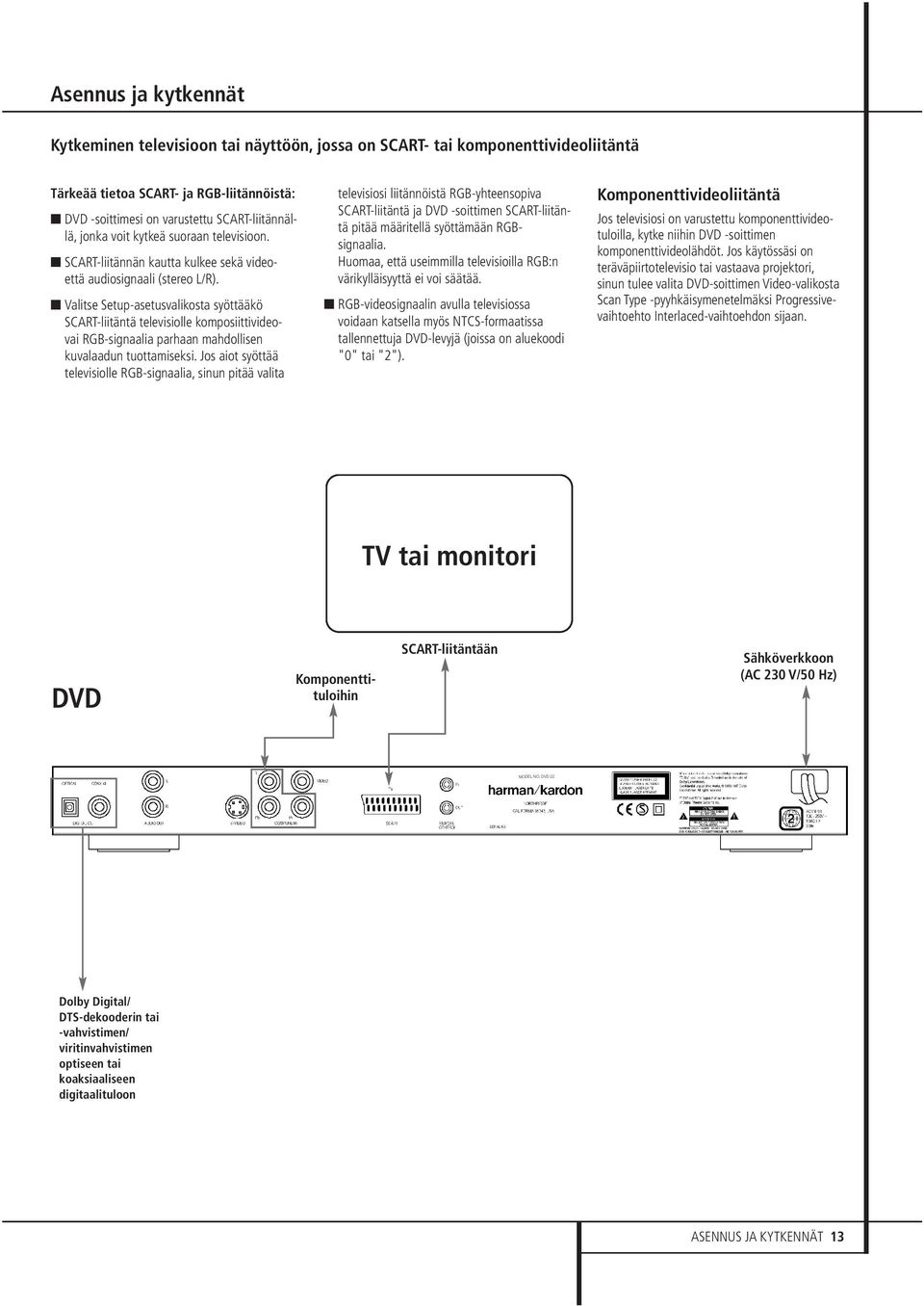 SCART-liitännällä, jonka voit kytkeä suoraan televisioon. SCART-liitännän kautta kulkee sekä videoettä audiosignaali (stereo L/R).