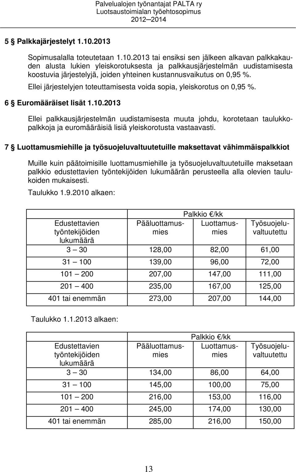 2013 tai ensiksi sen jälkeen alkavan palkkakauden alusta lukien yleiskorotuksesta ja palkkausjärjestelmän uudistamisesta koostuvia järjestelyjä, joiden yhteinen kustannusvaikutus on 0,95 %.