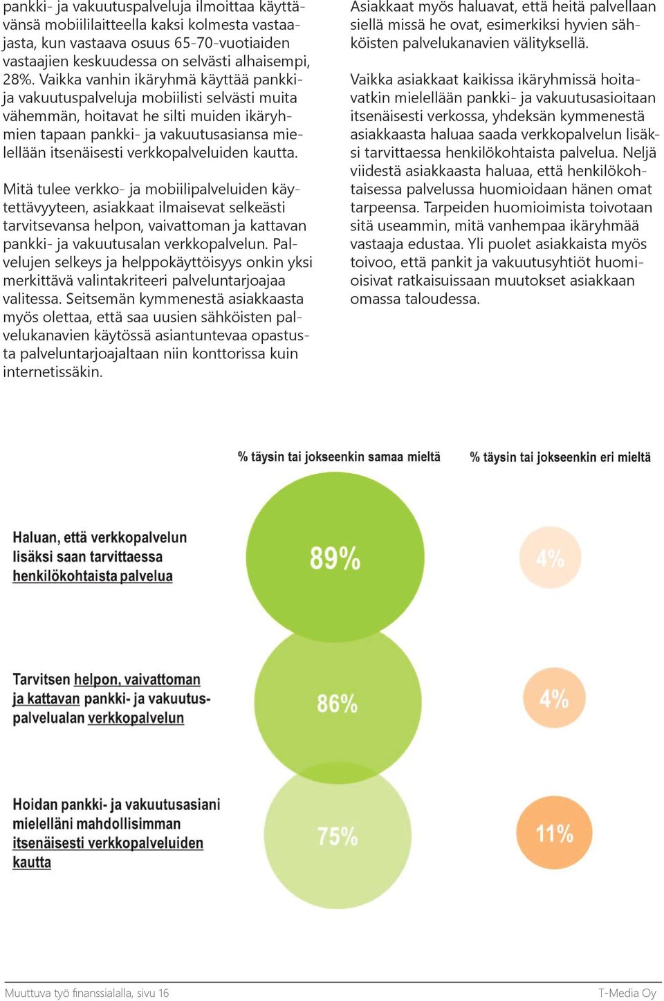 verkkopalveluiden kautta. Mitä tulee verkko- ja mobiilipalveluiden käytettävyyteen, asiakkaat ilmaisevat selkeästi tarvitsevansa helpon, vaivattoman ja kattavan pankki- ja vakuutusalan verkkopalvelun.
