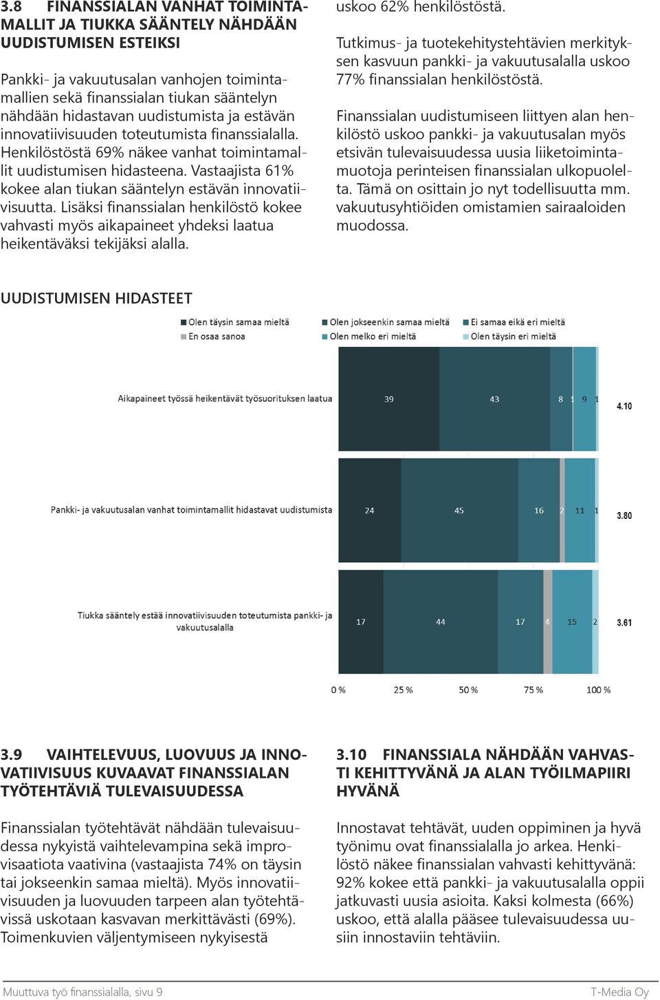 Vastaajista 61% kokee alan tiukan sääntelyn estävän innovatiivisuutta. Lisäksi finanssialan henkilöstö kokee vahvasti myös aikapaineet yhdeksi laatua heikentäväksi tekijäksi alalla.