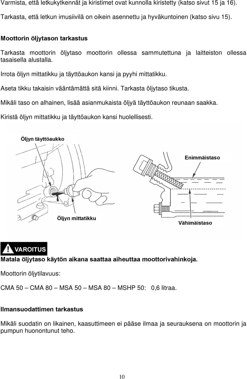 Aseta tikku takaisin vääntämättä sitä kiinni. Tarkasta öljytaso tikusta. Mikäli taso on alhainen, lisää asianmukaista öljyä täyttöaukon reunaan saakka.
