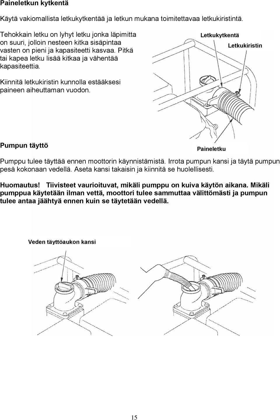 Letkukytkentä Letkukiristin Kiinnitä letkukiristin kunnolla estääksesi paineen aiheuttaman vuodon. Pumpun täyttö Paineletku Pumppu tulee täyttää ennen moottorin käynnistämistä.