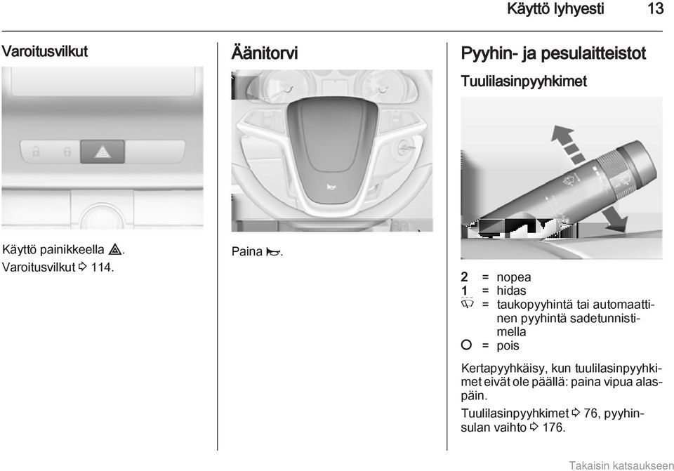 2 = nopea 1 = hidas P = taukopyyhintä tai automaattinen pyyhintä sadetunnistimella = pois