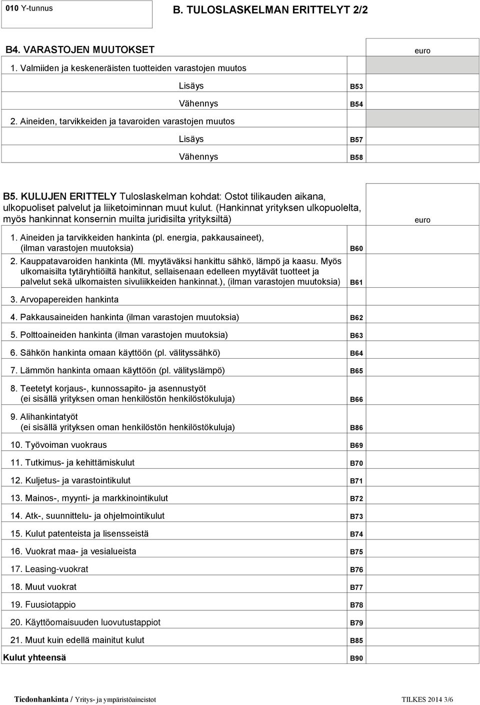 (Hankinnat yrityksen ulkopuolelta, myös hankinnat konsernin muilta juridisilta yrityksiltä) 1. Aineiden ja tarvikkeiden hankinta (pl. energia, pakkausaineet), (ilman varastojen muutoksia) 2.