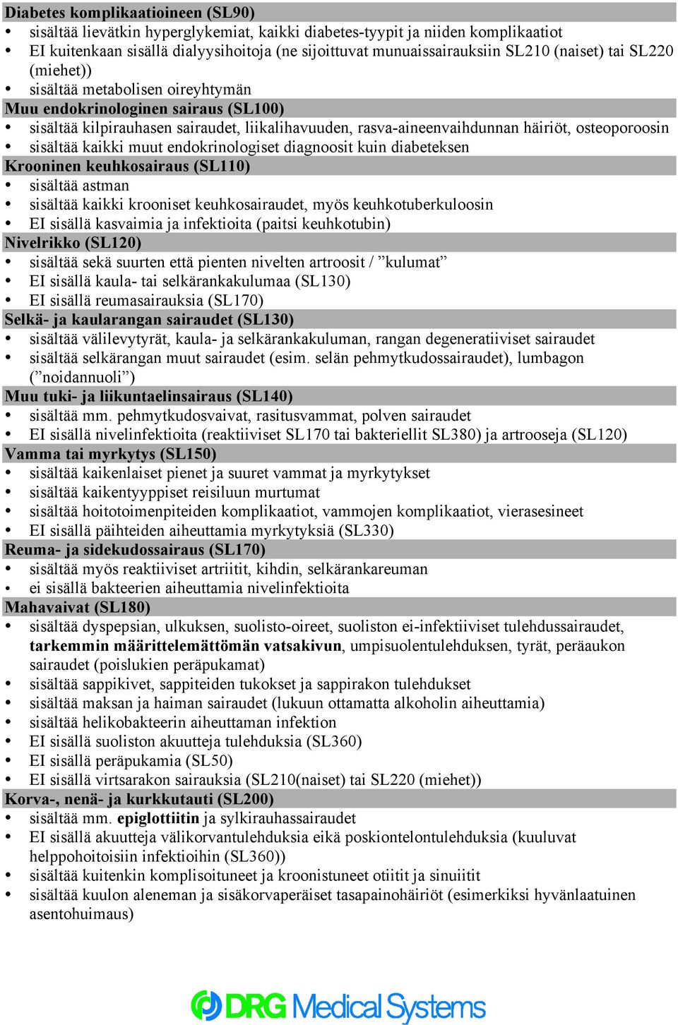 sisältää kaikki muut endokrinologiset diagnoosit kuin diabeteksen Krooninen keuhkosairaus (SL110) sisältää astman sisältää kaikki krooniset keuhkosairaudet, myös keuhkotuberkuloosin EI sisällä