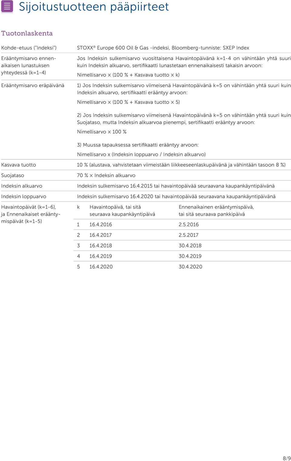 Nimellisarvo (100 % + Kasvava tuotto k) 1) Jos Indeksin sulkemisarvo viimeisenä Havaintopäivänä k=5 on vähintään yhtä suuri kuin Indeksin alkuarvo, sertifikaatti erääntyy arvoon: Nimellisarvo (100 %