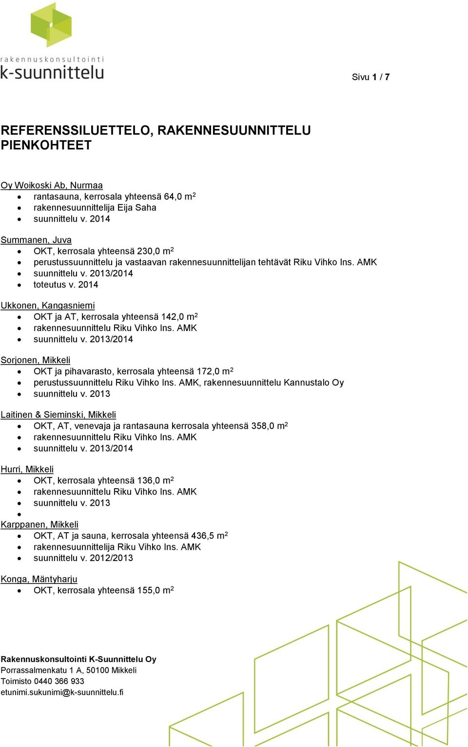 2014 Ukkonen, Kangasniemi OKT ja AT, kerrosala yhteensä 142,0 m 2 suunnittelu v. 2013/2014 Sorjonen, Mikkeli OKT ja pihavarasto, kerrosala yhteensä 172,0 m 2 perustussuunnittelu Riku Vihko Ins.